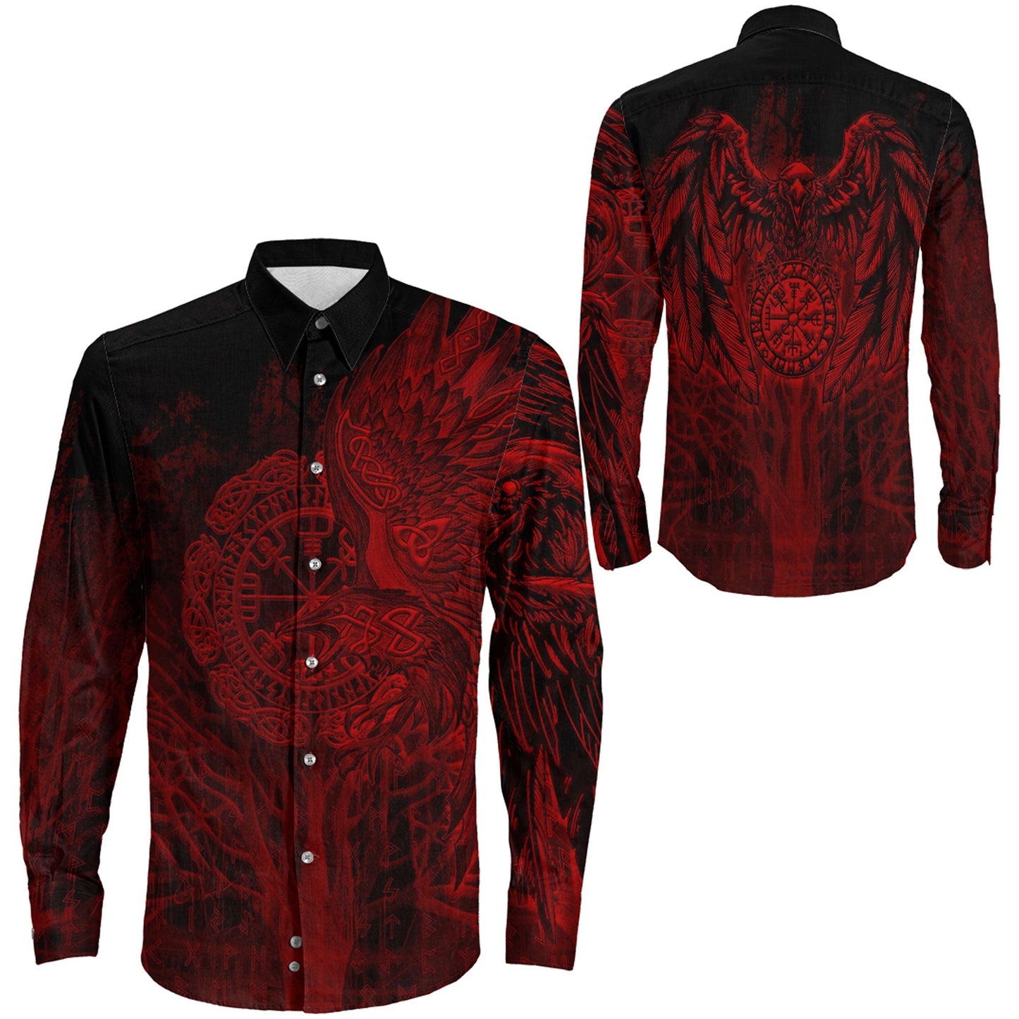 Vegvisir Raven Red Viking Long Sleeve Button Shirt