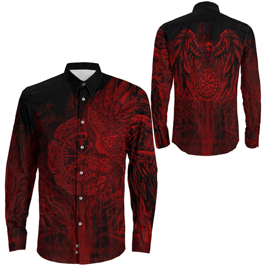 Vegvisir Raven Red Viking Long Sleeve Button Shirt