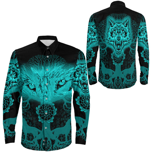 Wolf And Tree Turquoise viking Long Sleeve Button Shirt