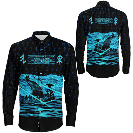 VikingStyle Clothing -Viking Drakkar Vintage Cyan Long Sleeve Button Shirt