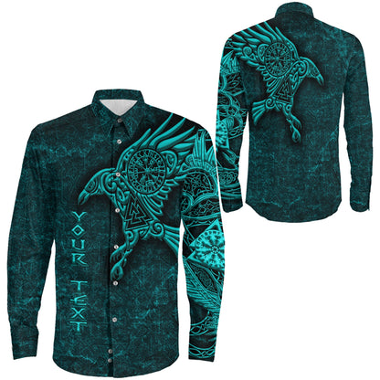 Raven Vegvisir Turquoise Custum Viking Long Sleeve Button Shirt