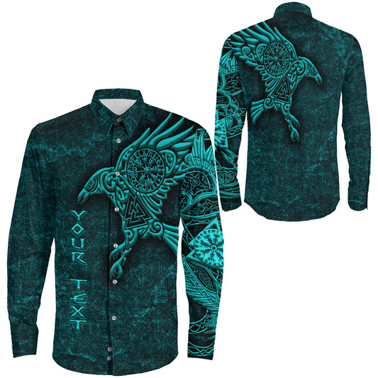 Raven Vegvisir Turquoise Custum Viking Long Sleeve Button Shirt