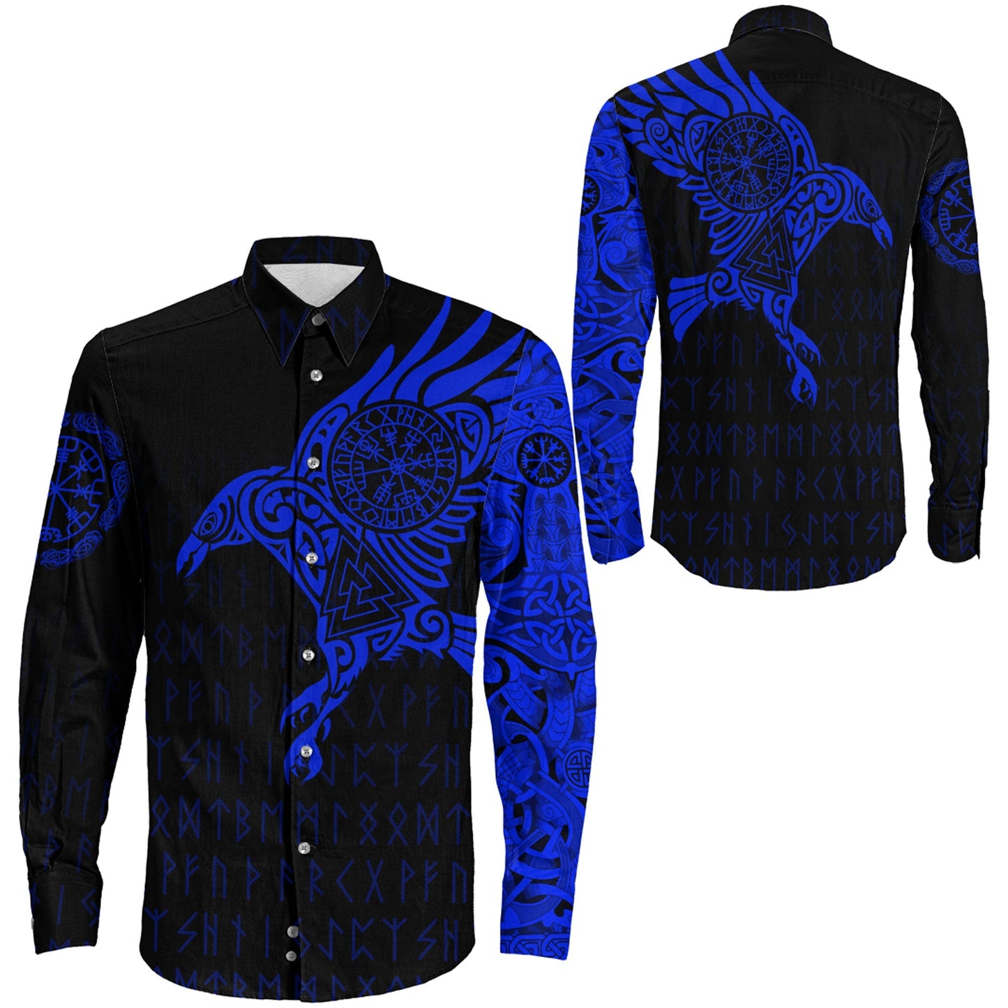 VikingStyle Clothing -Long Sleeve Button Shirt - The Raven Of Odin Tattoo Blue Version 