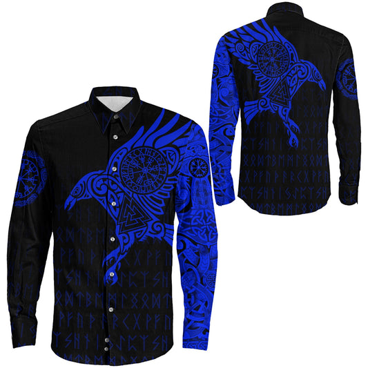 VikingStyle Clothing -Long Sleeve Button Shirt - The Raven Of Odin Tattoo Blue Version 