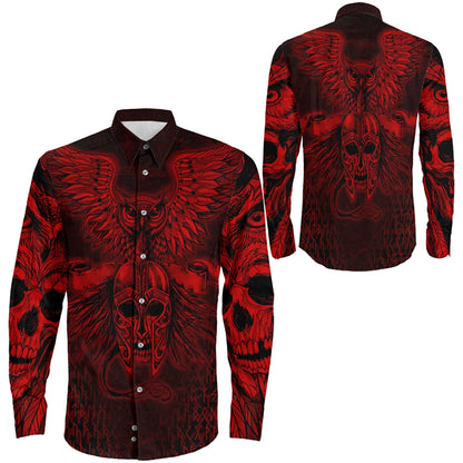 Owl Skull Red Viking Long Sleeve Button Shirt