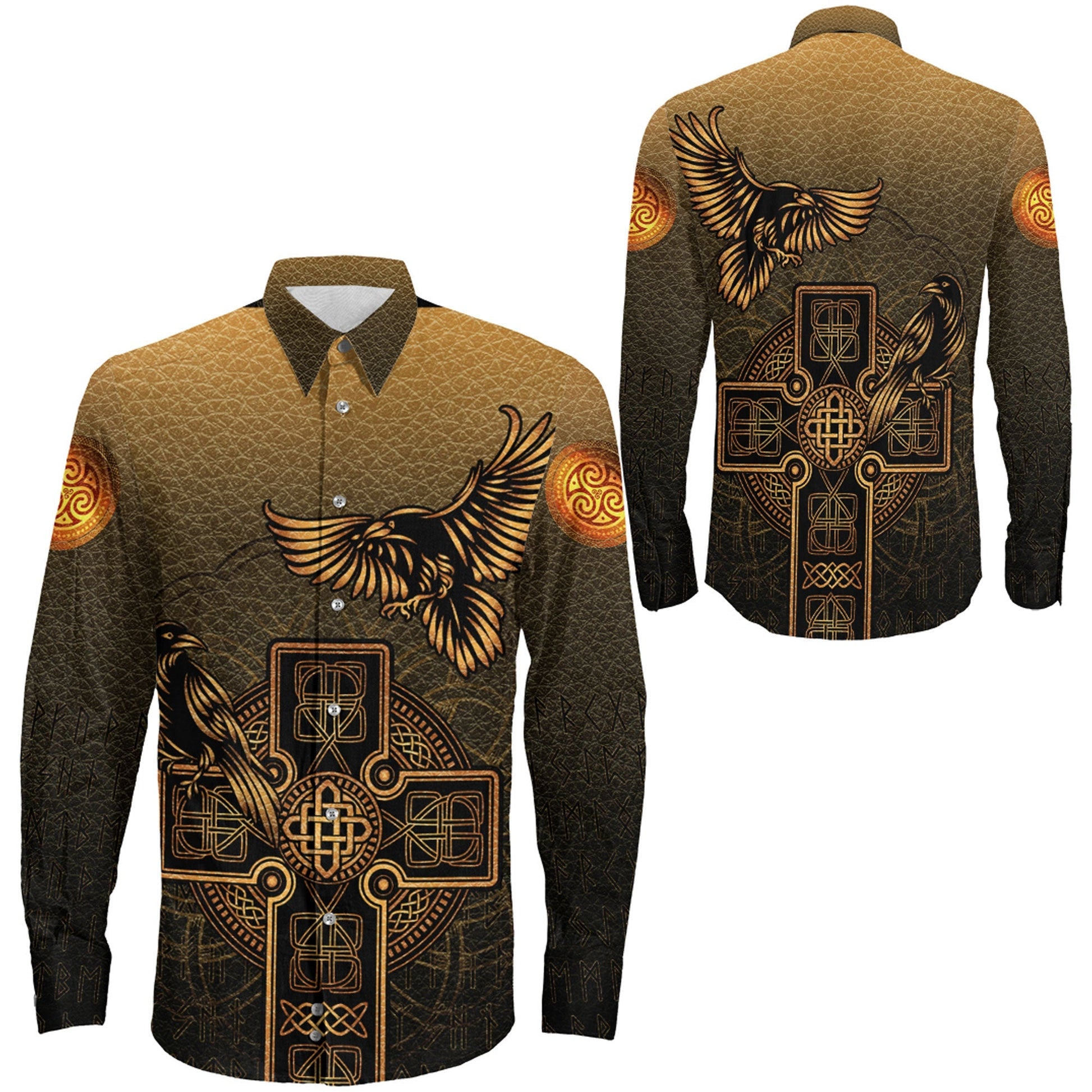 Hugin and Munin Gold Leather Background Long Sleeve Button Shirt