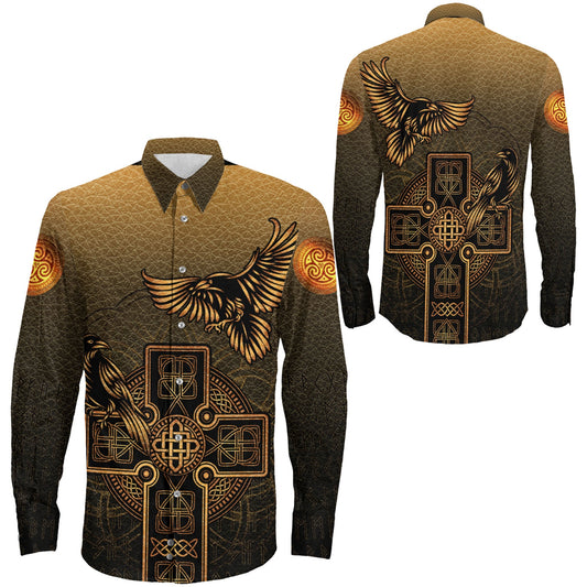 Hugin and Munin Gold Leather Background Long Sleeve Button Shirt
