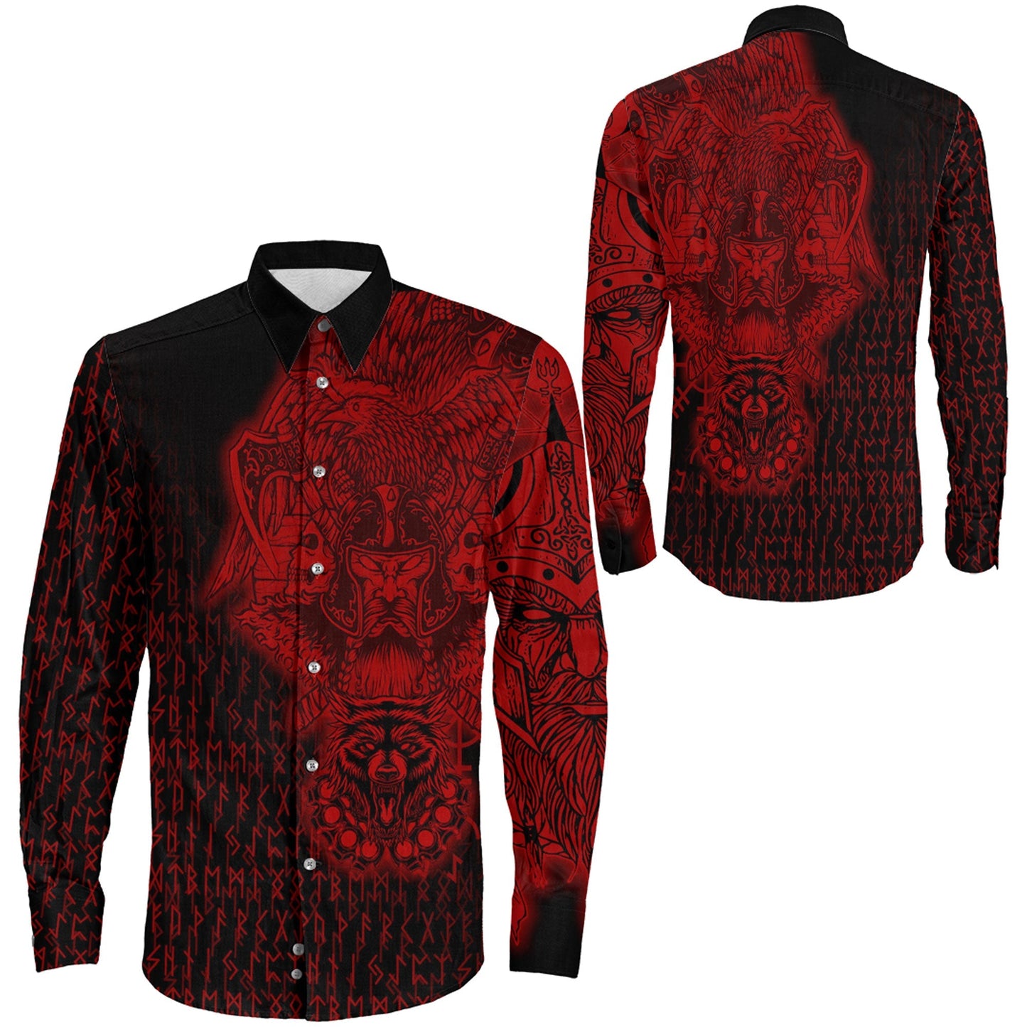 Odin And Raven Wolf Red Viking Long Sleeve Button Shirt