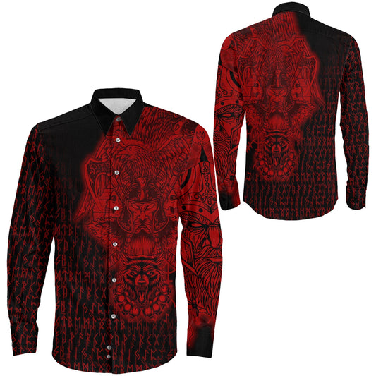 Odin And Raven Wolf Red Viking Long Sleeve Button Shirt