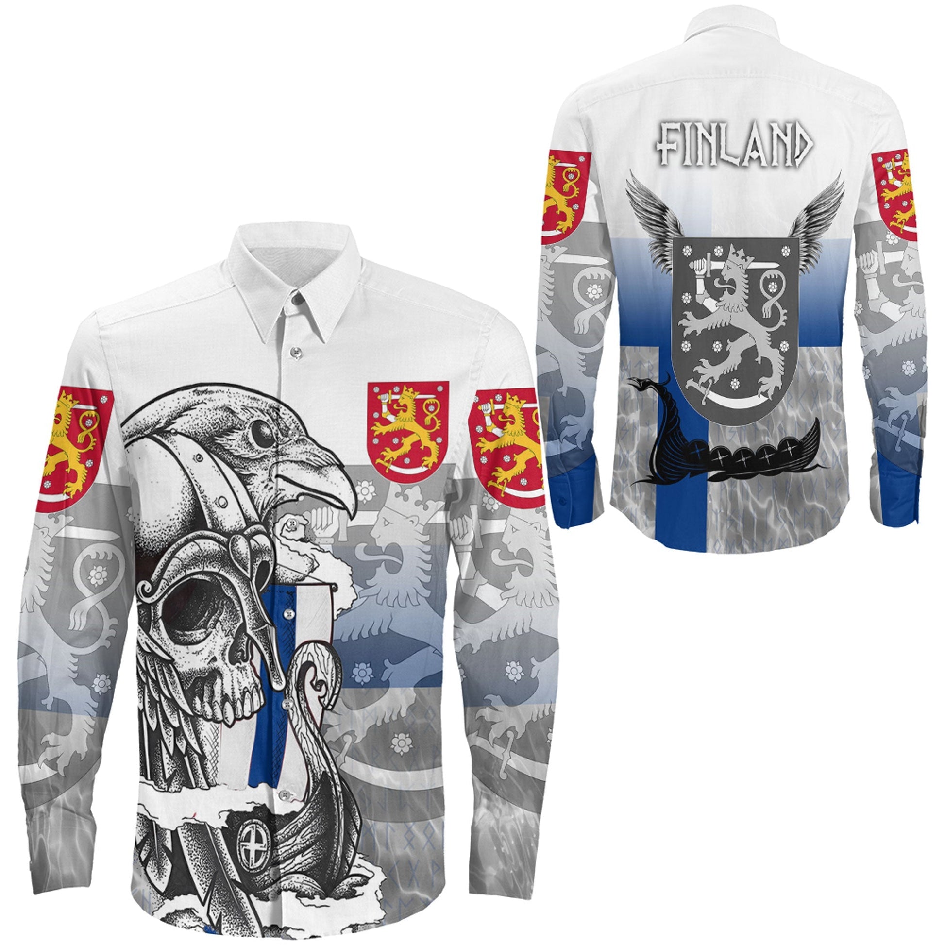 Finland Raven Drakkar and Skull Long Sleeve Button Shirt
