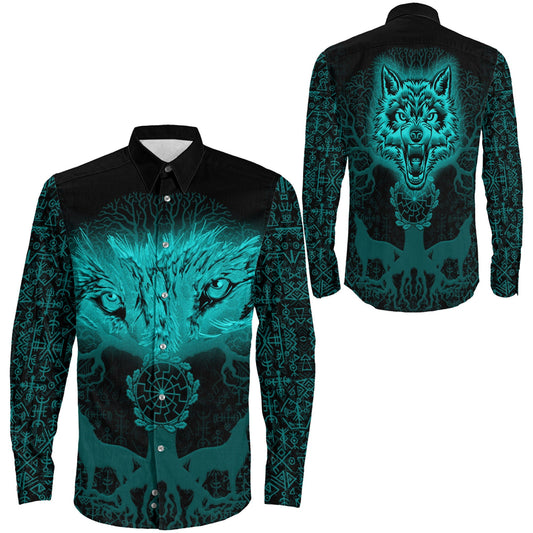Tree And Wolf Turquoise viking Long Sleeve Button Shirt