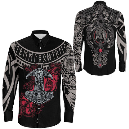 Mjolnir and Fenrir Tattoo Mix Ruby Red Long Sleeve Button Shirt