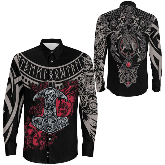 Mjolnir and Fenrir Tattoo Mix Ruby Red Long Sleeve Button Shirt