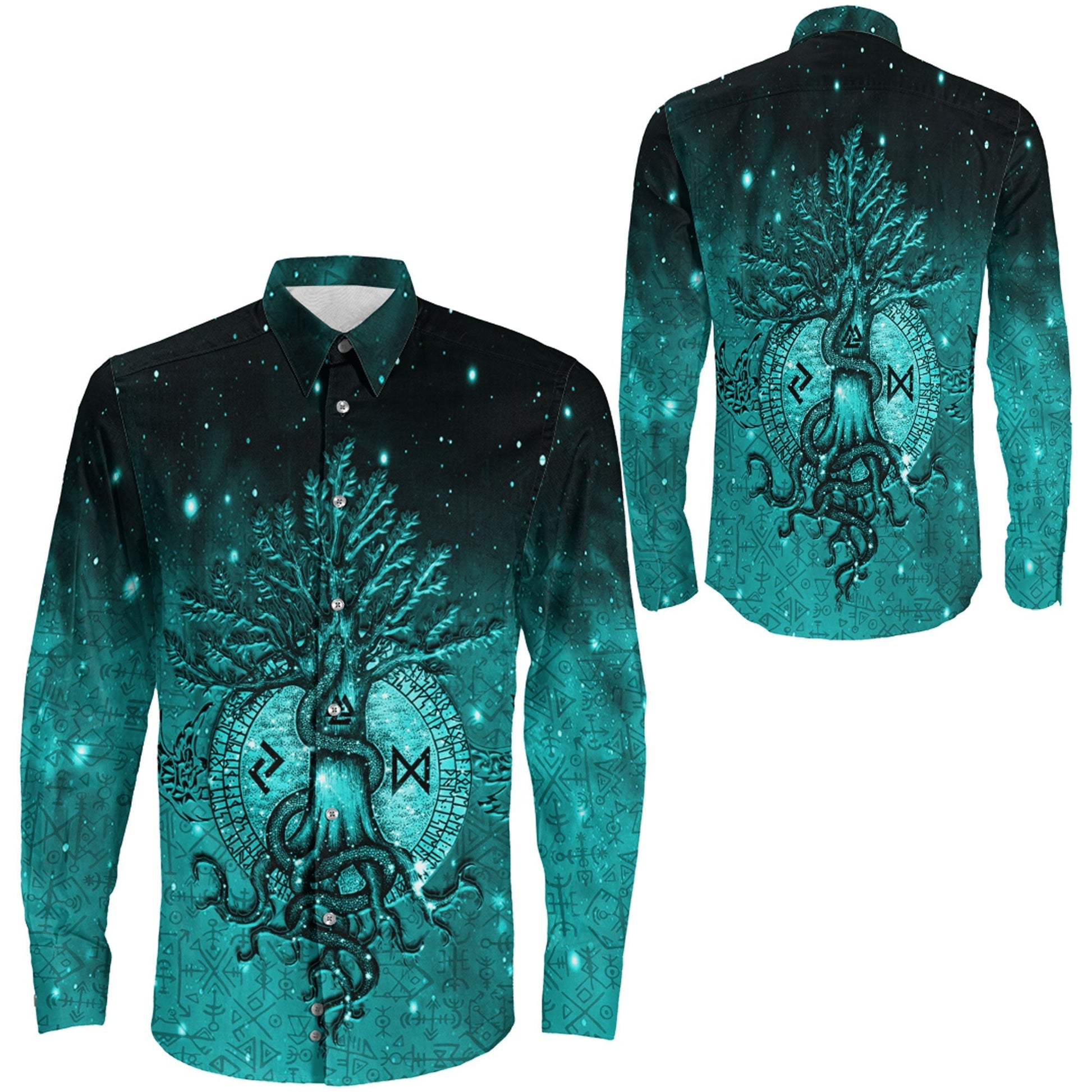 Yggdrasil Viking Cyan Long Sleeve Button Shirt A31
