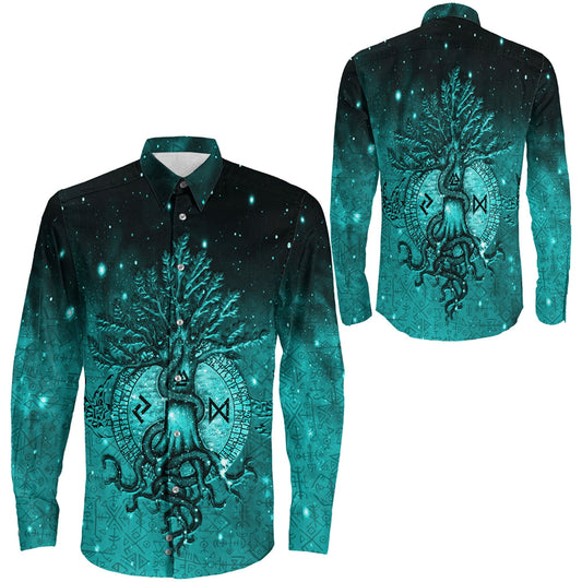 Yggdrasil Viking Cyan Long Sleeve Button Shirt A31