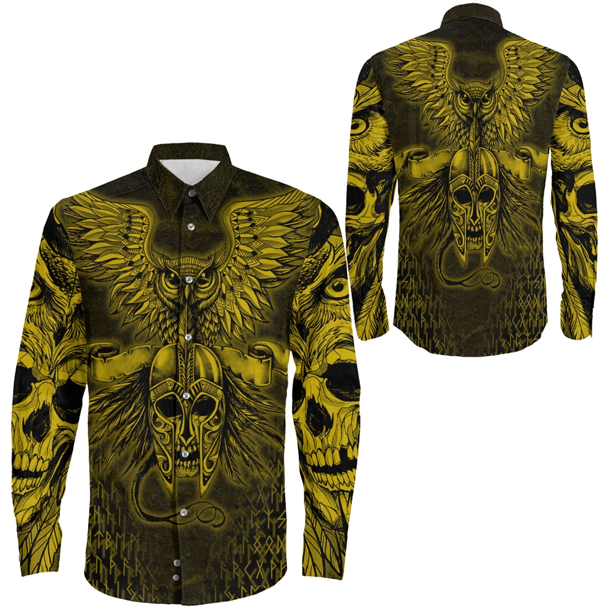 Owl Skull Gold Viking Long Sleeve Button Shirt