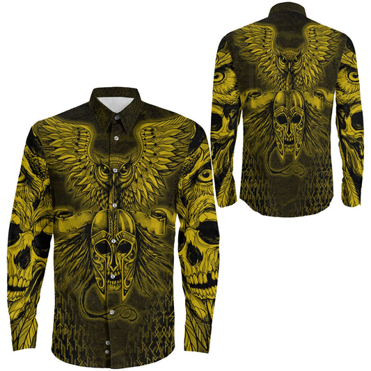 Owl Skull Gold Viking Long Sleeve Button Shirt