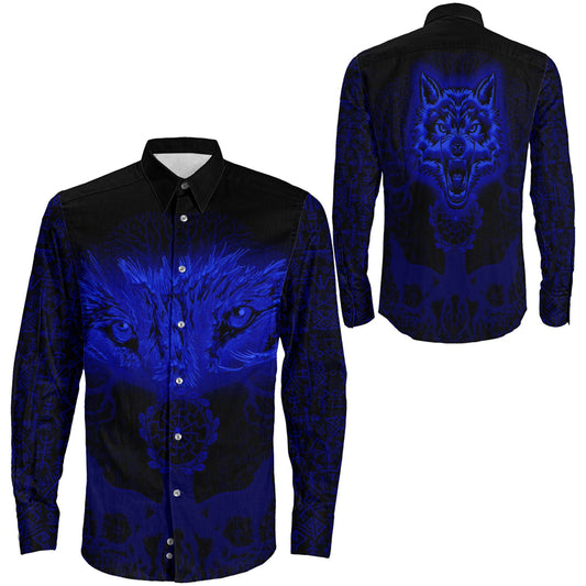 Tree And Wolf Blue viking Long Sleeve Button Shirt