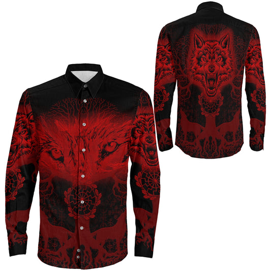 Wolf And Tree Red viking Long Sleeve Button Shirt