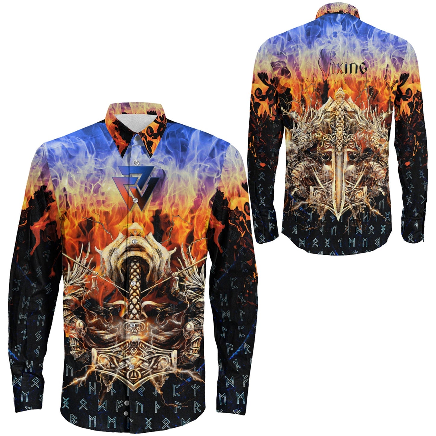 VikingStyle Clothing -Viking Valkyrie Warrirors Valknut Fire Gradiant Long Sleeve Button Shirt