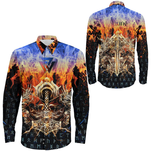 VikingStyle Clothing -Viking Valkyrie Warrirors Valknut Fire Gradiant Long Sleeve Button Shirt