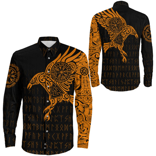 Long Sleeve Button Shirt - The Raven Of Odin Tattoo Orange Version 