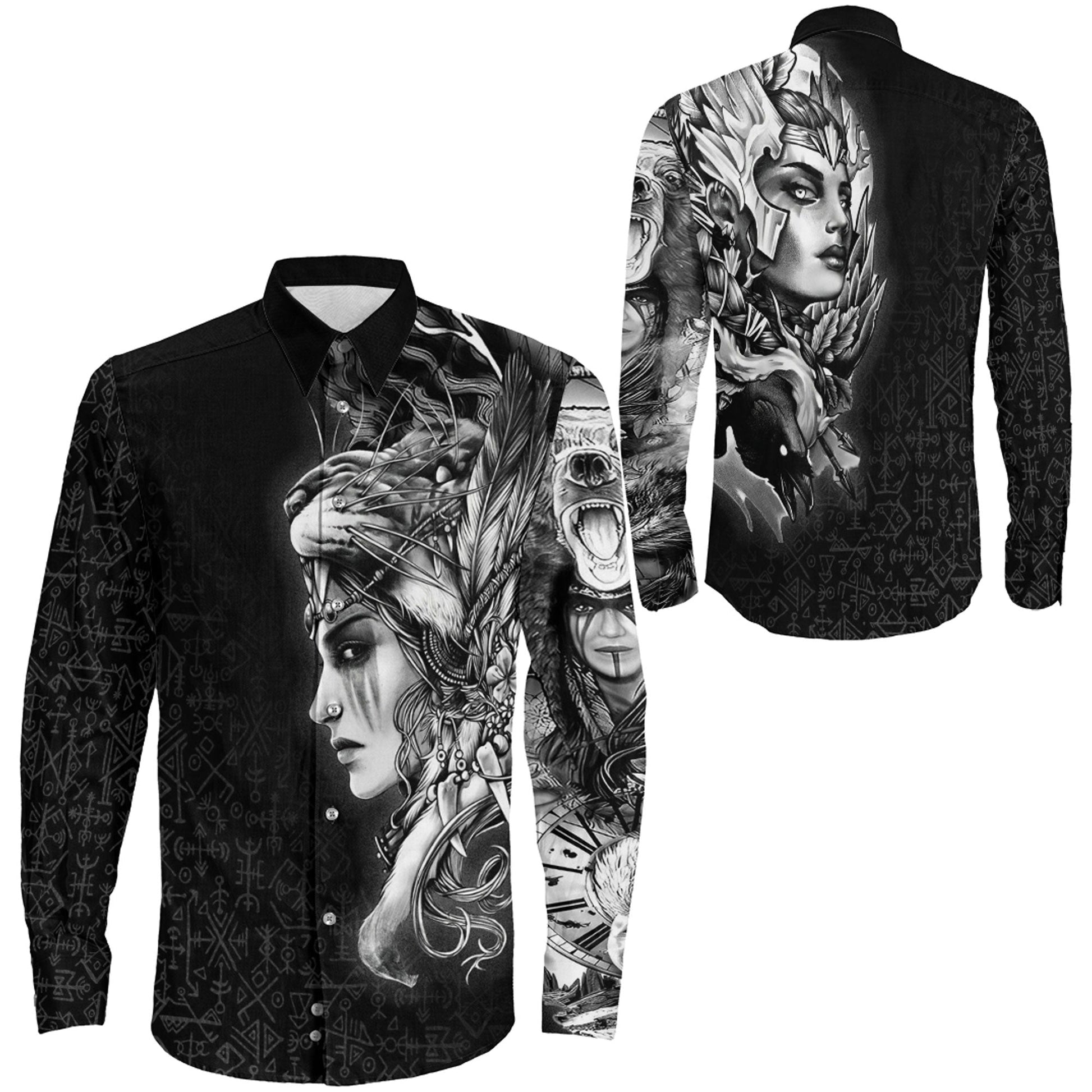 Valkyries And Bear Raven Long Sleeve Button Shirt