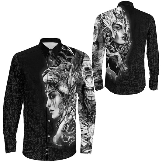 Valkyries And Bear Raven Long Sleeve Button Shirt