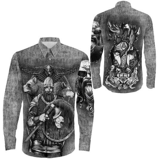 Viking Odin Bear Raven Wolf Long Sleeve Button Shirt