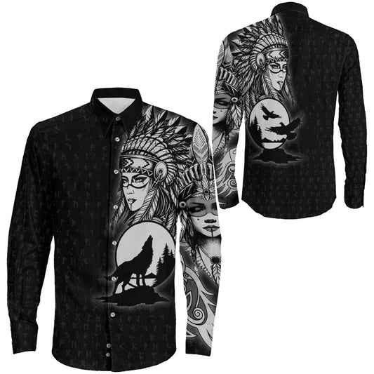Valkyries Moon Raven Wolf Long Sleeve Button Shirt