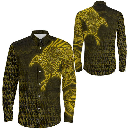 Raven Symbol Gold Viking Long Sleeve Button Shirt