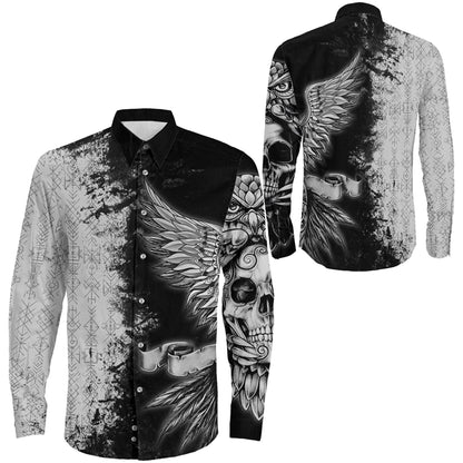 Owl Skull Viking Symbol Long Sleeve Button Shirt
