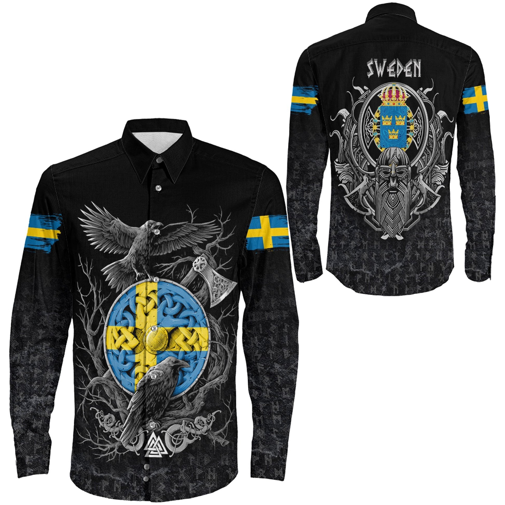 Sweden Raven Odin Viking Country Long Sleeve Button Shirt