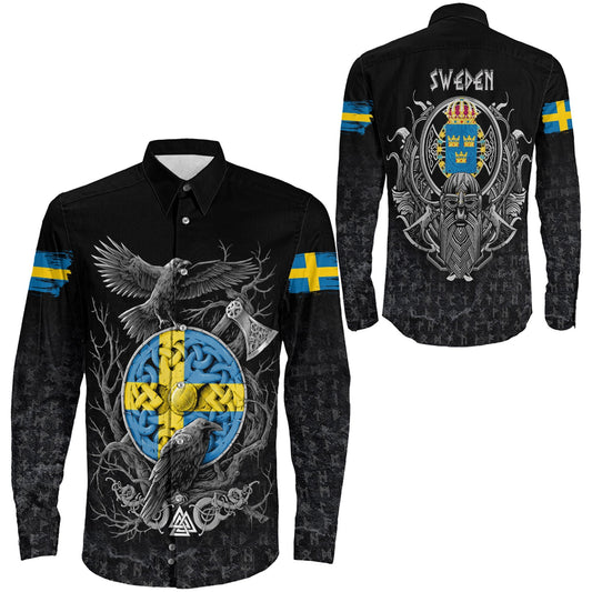 Sweden Raven Odin Viking Country Long Sleeve Button Shirt