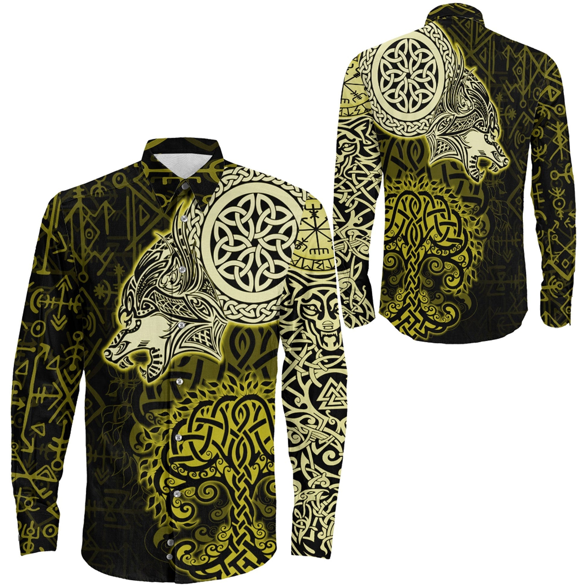 VikingStyle Clothing -Viking Wolf Gold Long Sleeve Button Shirt