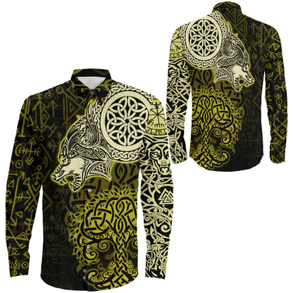 VikingStyle Clothing -Viking Wolf Gold Long Sleeve Button Shirt