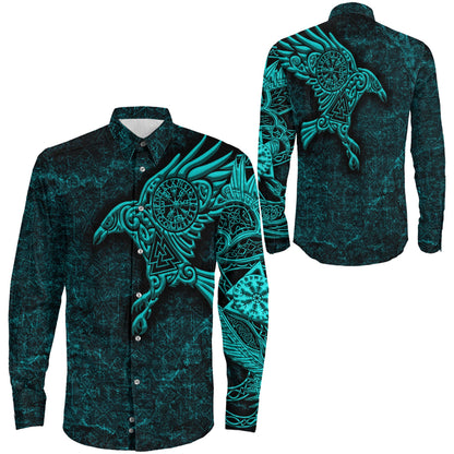 Raven Vegvisir Tuequoise Viking Long Sleeve Button Shirt