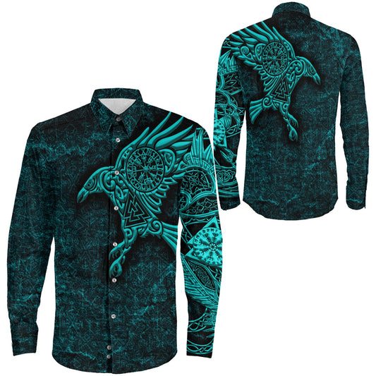 Raven Vegvisir Tuequoise Viking Long Sleeve Button Shirt