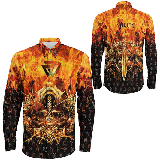 VikingStyle Clothing -Viking Valkyrie Warrirors Valknut Fire Long Sleeve Button Shirt