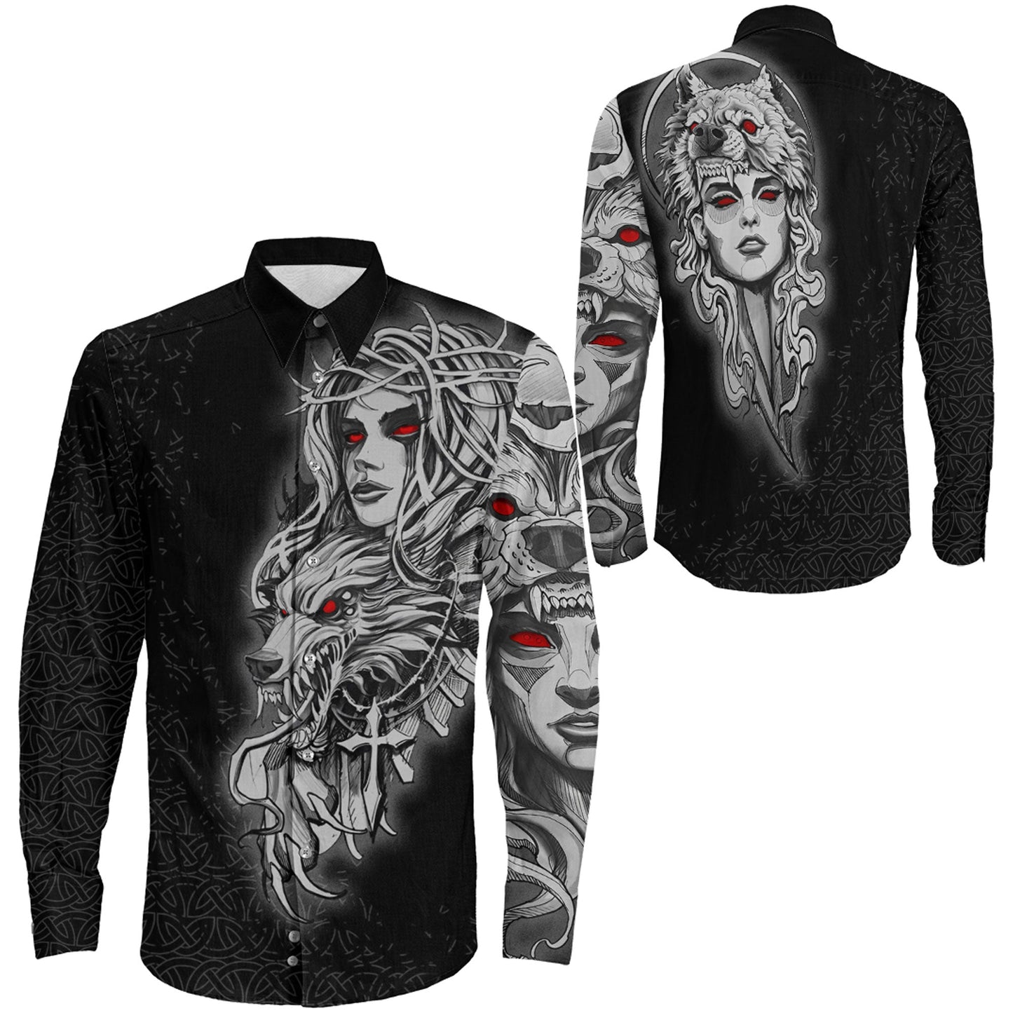Valkyries And Wolf Long Sleeve Button Shirt