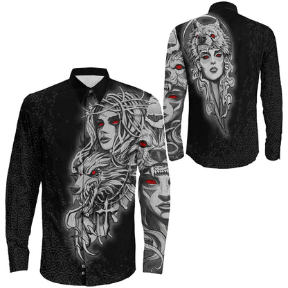 Valkyries And Wolf Long Sleeve Button Shirt