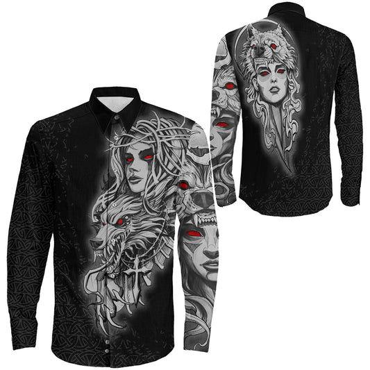 Valkyries And Wolf Long Sleeve Button Shirt