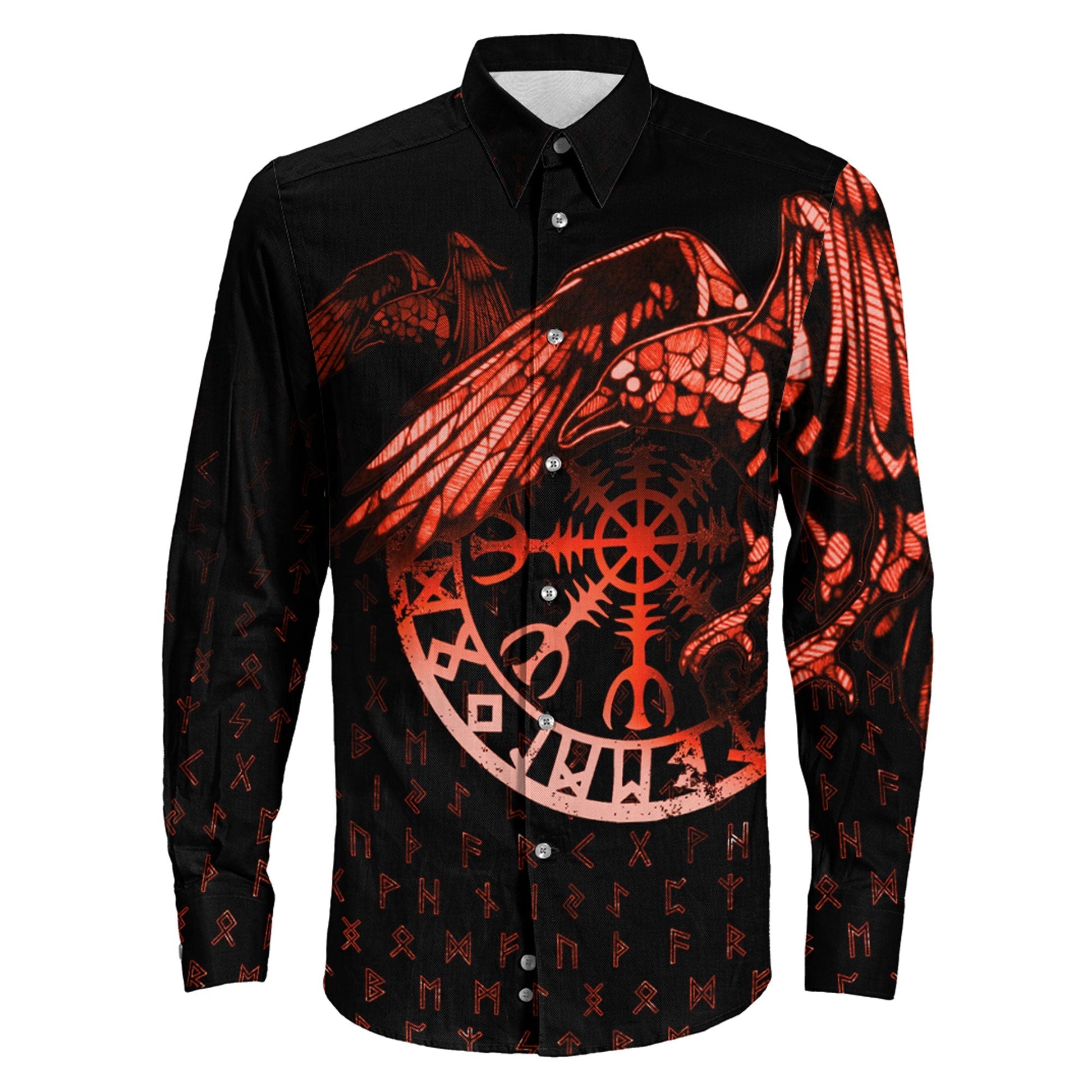 VikingStyle Clothing -Raven Helm of Awe Red Long Sleeve Button Shirt
