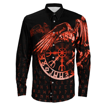 VikingStyle Clothing -Raven Helm of Awe Red Long Sleeve Button Shirt