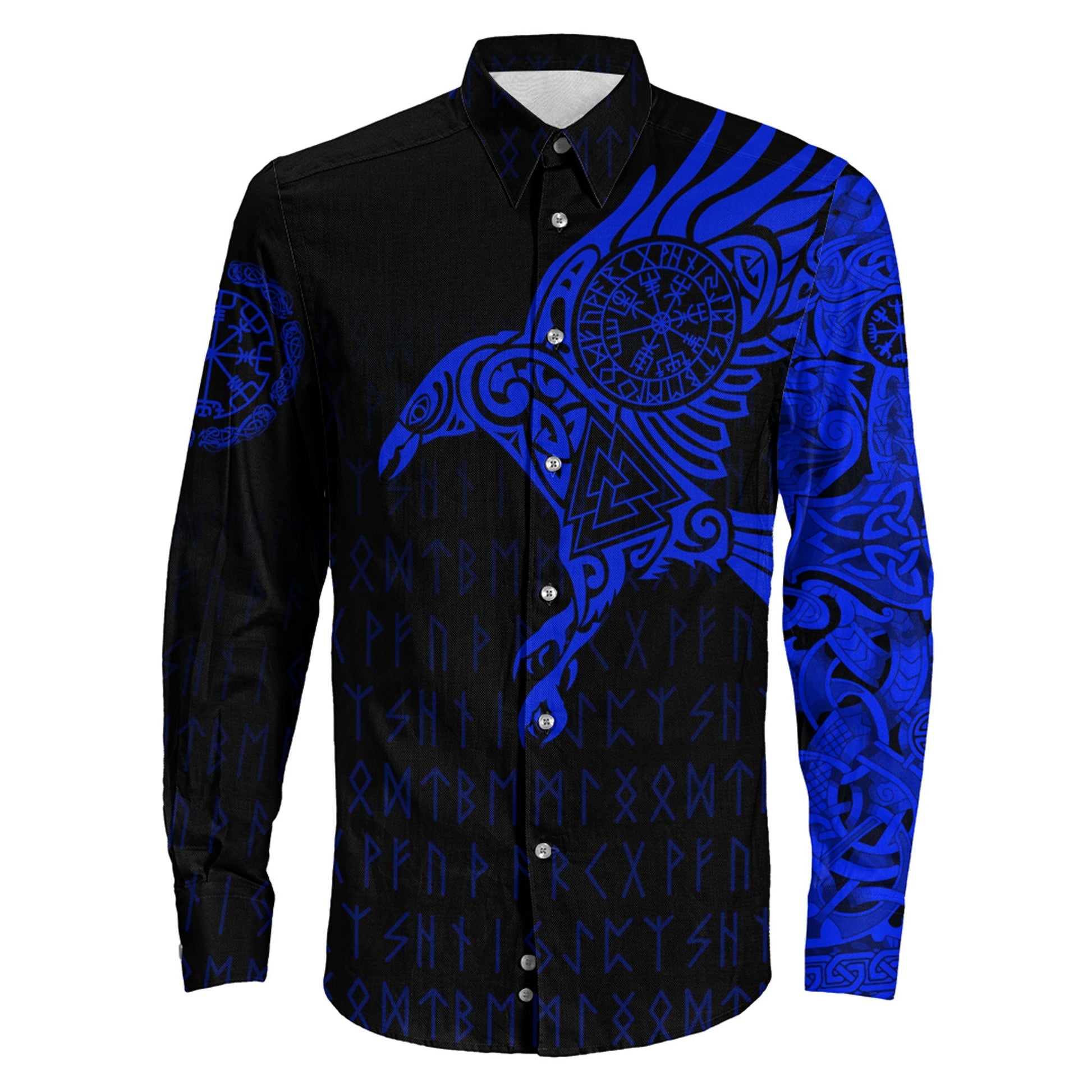 VikingStyle Clothing -Long Sleeve Button Shirt - The Raven Of Odin Tattoo Blue Version 