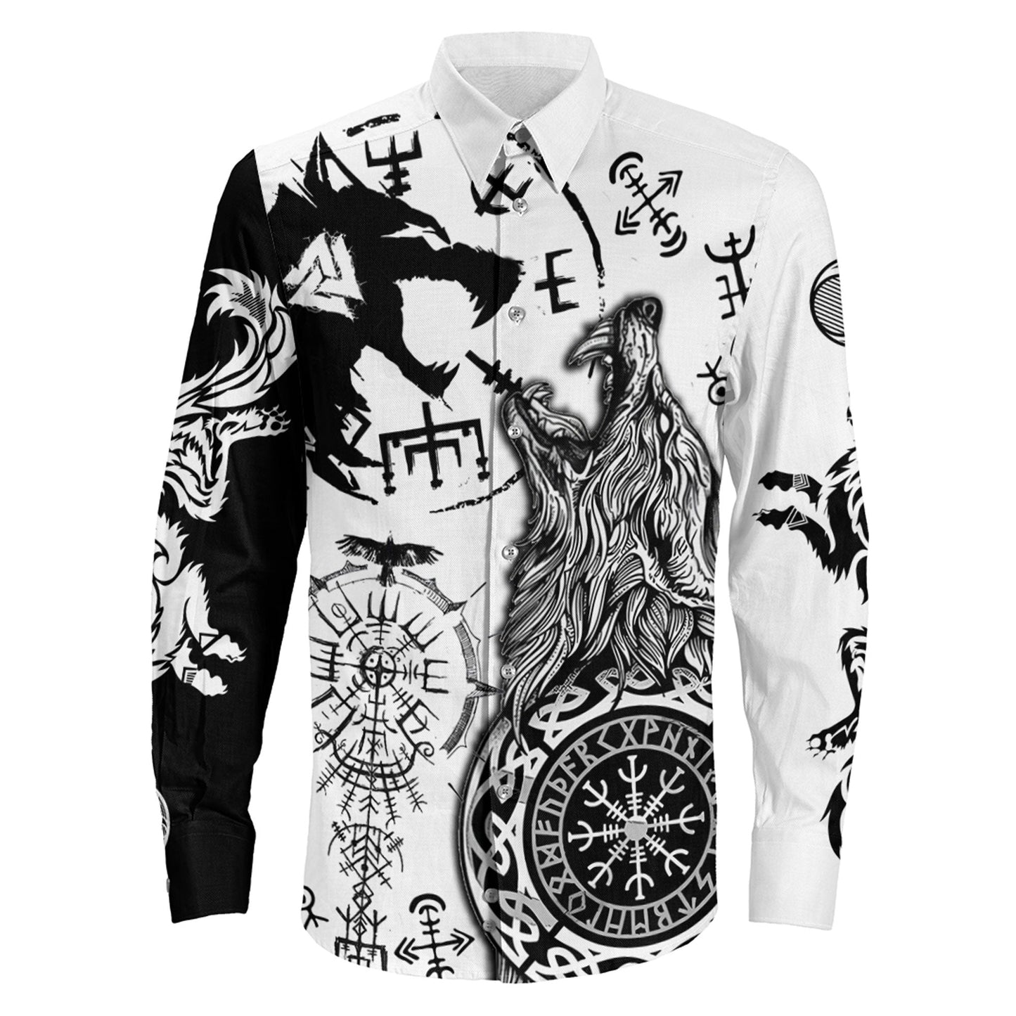 Viking Wolf Fenrir Skoll and Hati White Long Sleeve Button Shirt