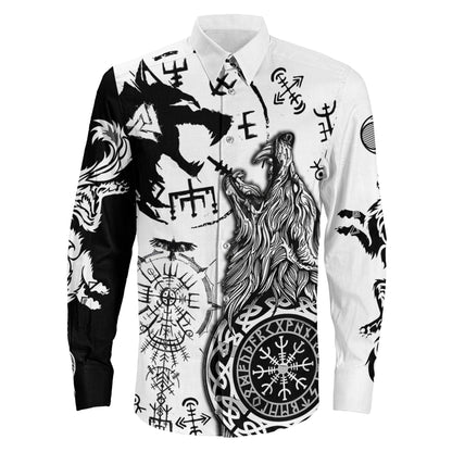 Viking Wolf Fenrir Skoll and Hati White Long Sleeve Button Shirt