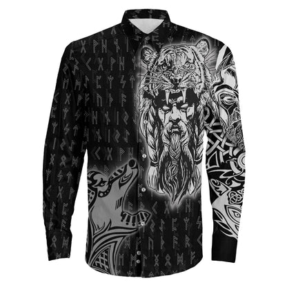 VikingStyle Clothing -Odin and Wolf Viking Long Sleeve Button Shirt