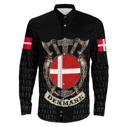 VikingStyle Clothing -Viking Denmark Shield Long Sleeve Button Shirt A31