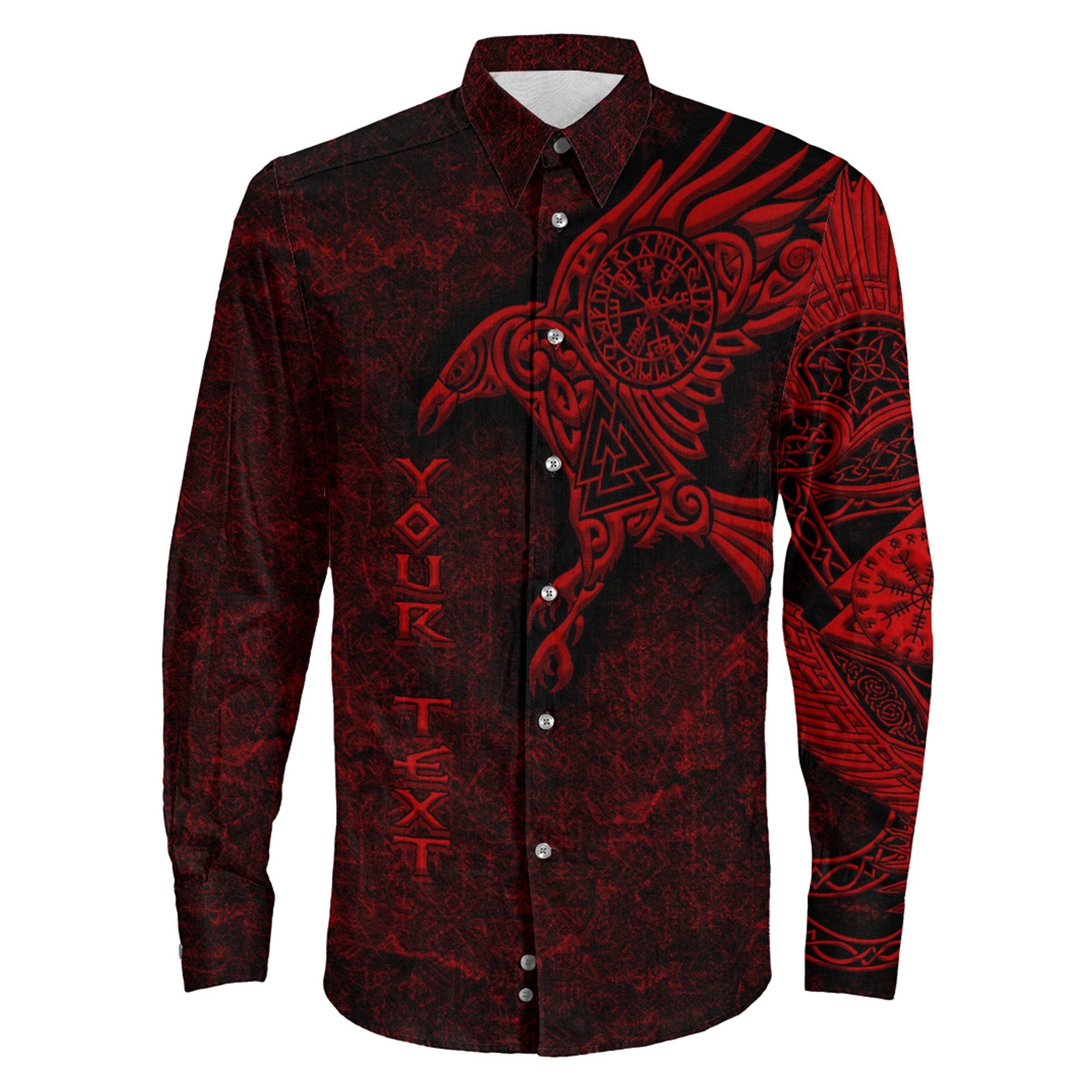 Raven Vegvisir Red Custum Viking Long Sleeve Button Shirt